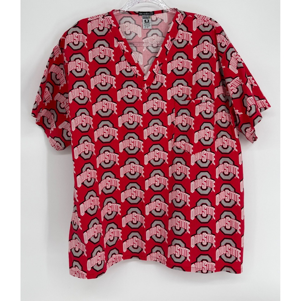 Broad Bay Ohio State Buckeyes Scrub Top Red V-Neck Short Sleeve Cotton OSU Sz XL